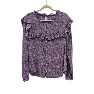 Gap Blouse Womens Purple Floral Button Front Ruffle Long Sleeve Top Soft XXL